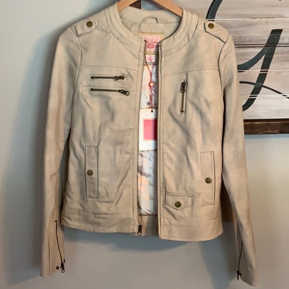 PINK ENVELOPE faux leather moto jacket